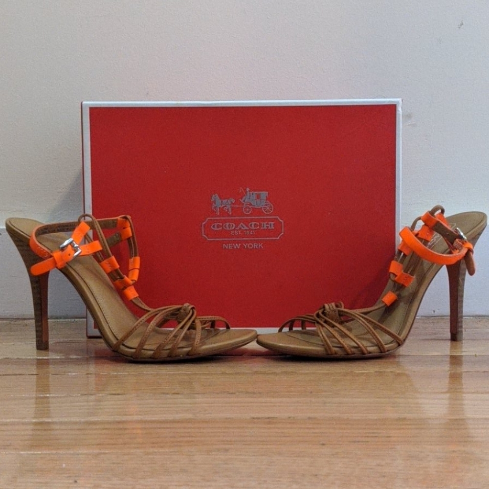 6.5 Coach strappy vegan leather neon sandals